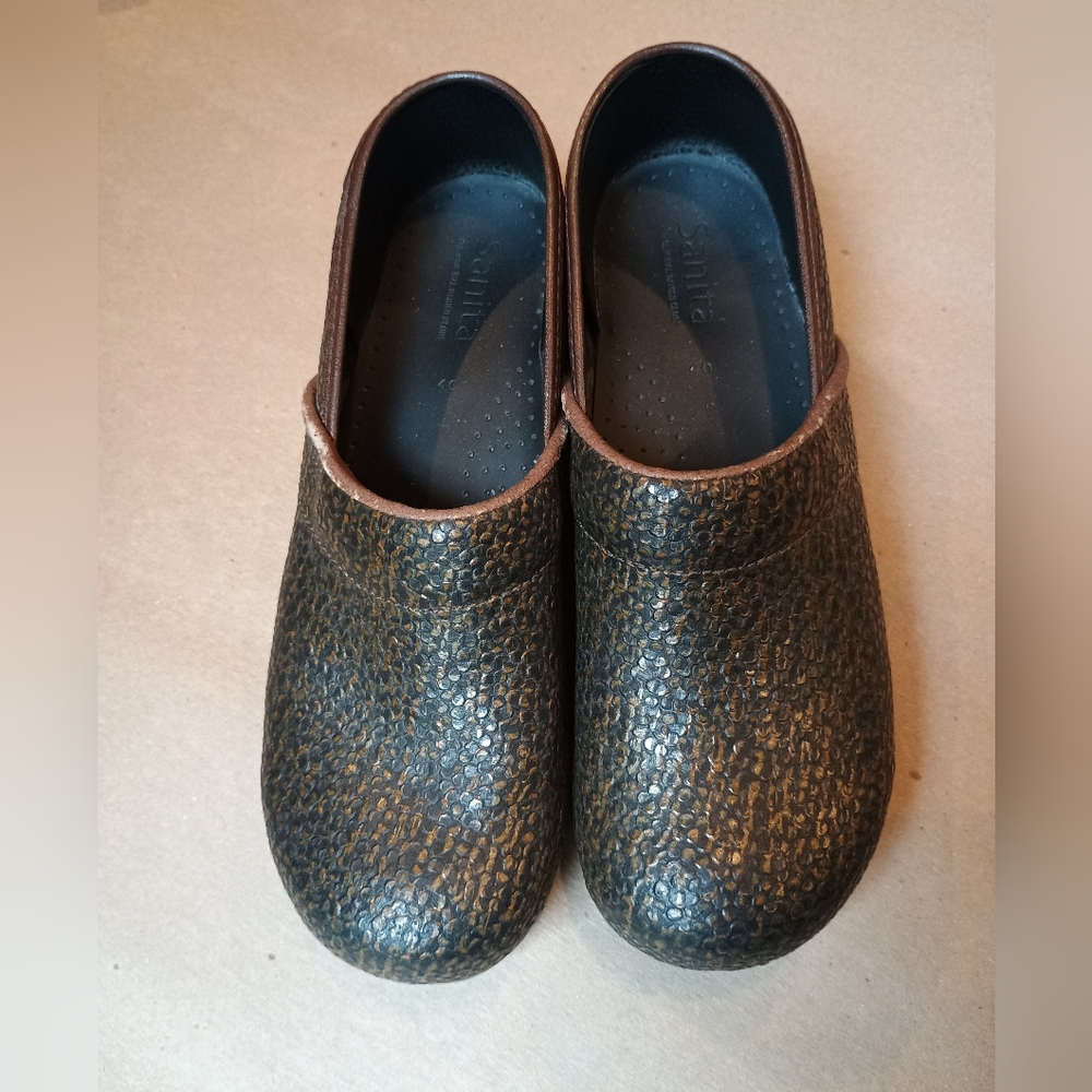 Sanita Clogs 40 Black Brown Women's Size 9.5 Pebbled Leather Professional